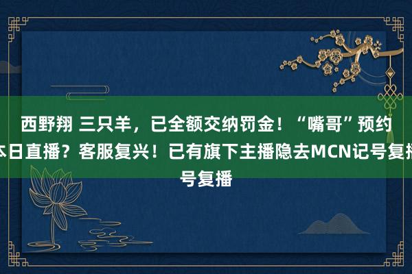 西野翔 三只羊，已全额交纳罚金！“嘴哥”预约本日直播？客服复兴！已有旗下主播隐去MCN记号复播